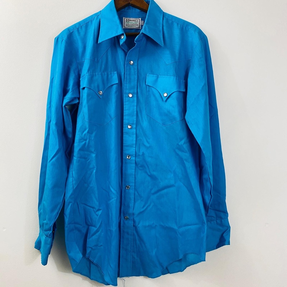 H Bar C Western Shirt Mens 15 1/2 Turquoise Pearl Snap Cowboy Rodeo - Picture 2 of 10